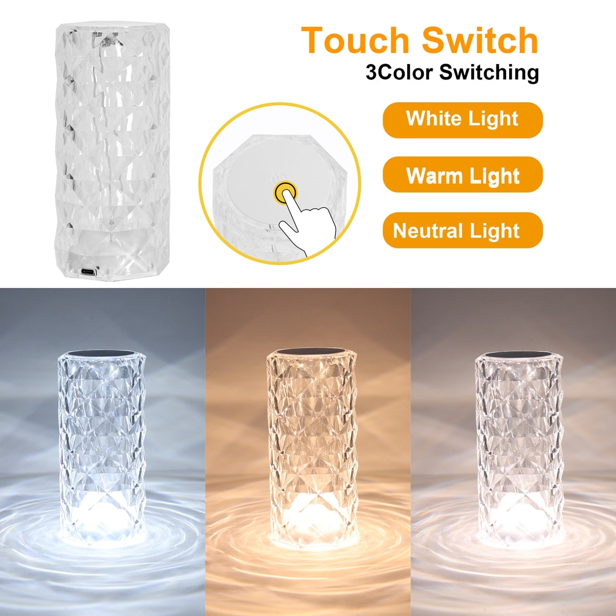 LED Crystal Table Lamp Rose Light Projector Bedside Atmosphere Light 3/16 Color Touch Adjustable Nightlights Diamond Night Light