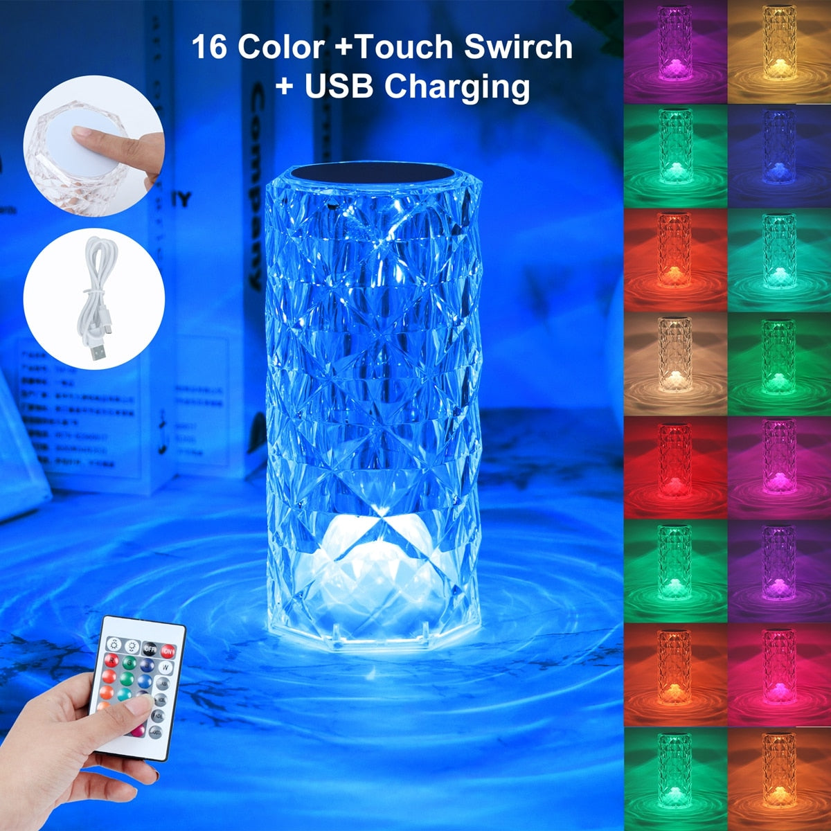 LED Crystal Table Lamp Rose Light Projector Bedside Atmosphere Light 3/16 Color Touch Adjustable Nightlights Diamond Night Light