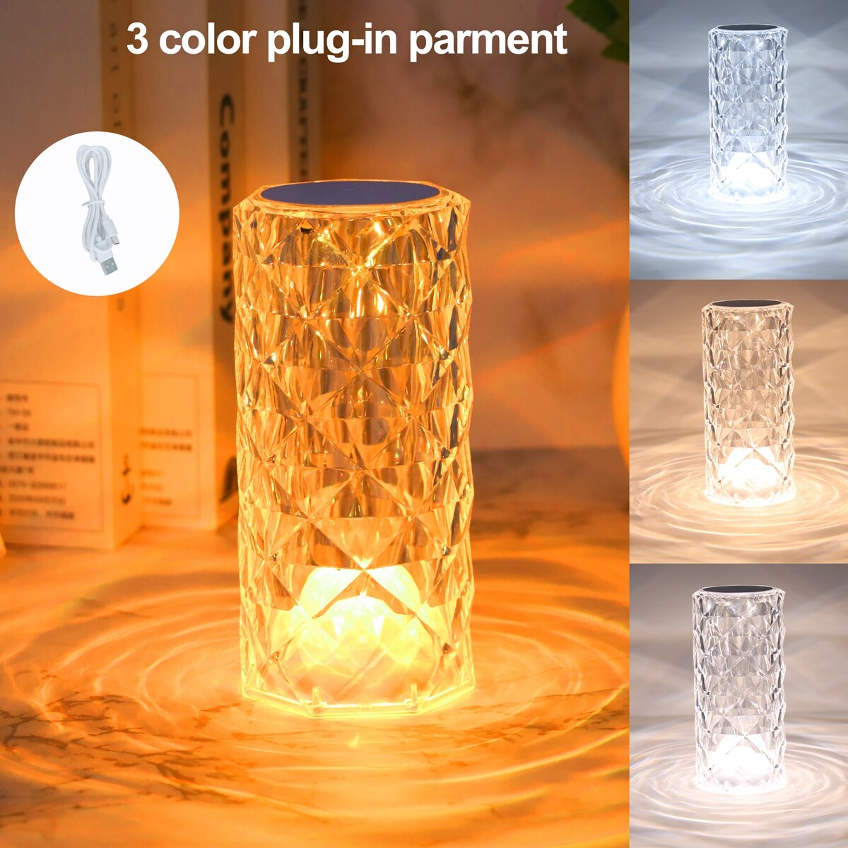 LED Crystal Table Lamp Rose Light Projector Bedside Atmosphere Light 3/16 Color Touch Adjustable Nightlights Diamond Night Light