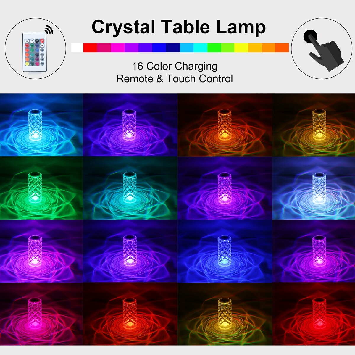 LED Crystal Table Lamp Rose Light Projector Bedside Atmosphere Light 3/16 Color Touch Adjustable Nightlights Diamond Night Light