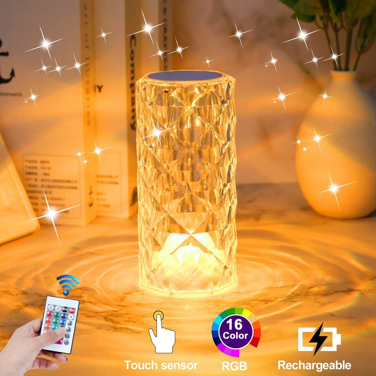 LED Crystal Table Lamp Rose Light Projector Bedside Atmosphere Light 3/16 Color Touch Adjustable Nightlights Diamond Night Light