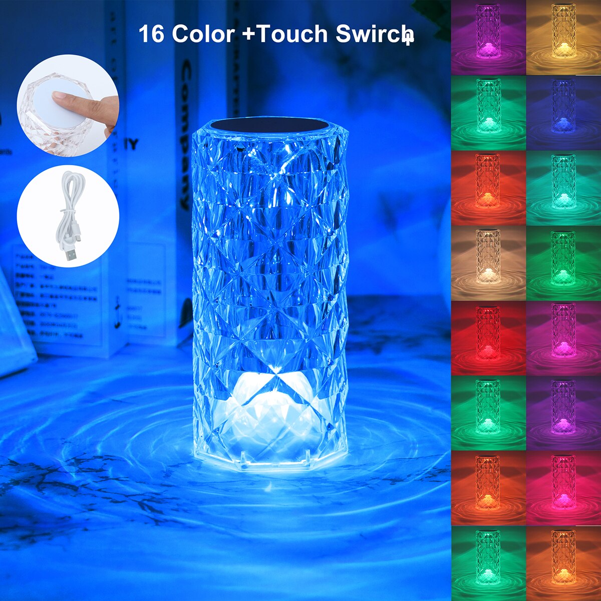 LED Crystal Table Lamp Rose Light Projector Bedside Atmosphere Light 3/16 Color Touch Adjustable Nightlights Diamond Night Light